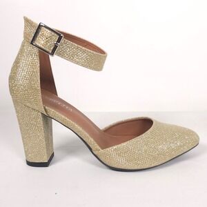 LIURUIJA Gold Glitter Size 7‎ Ankle Strap Block Heel Pumps Sandals Pointed Toe